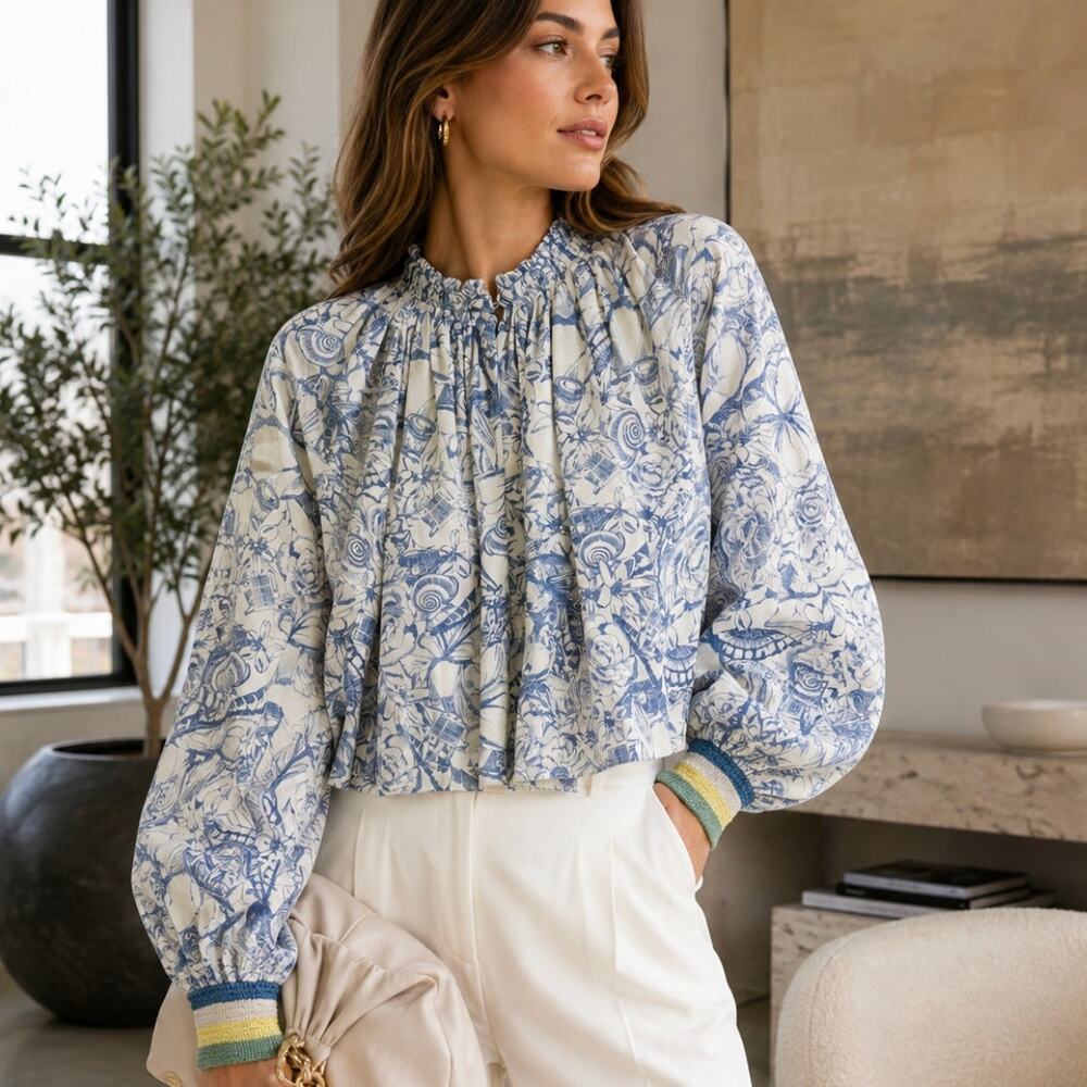 Tibi Isa Toile Cropped Blouse Blue Floral Balloon Sleeve Smocked Neck Size 8